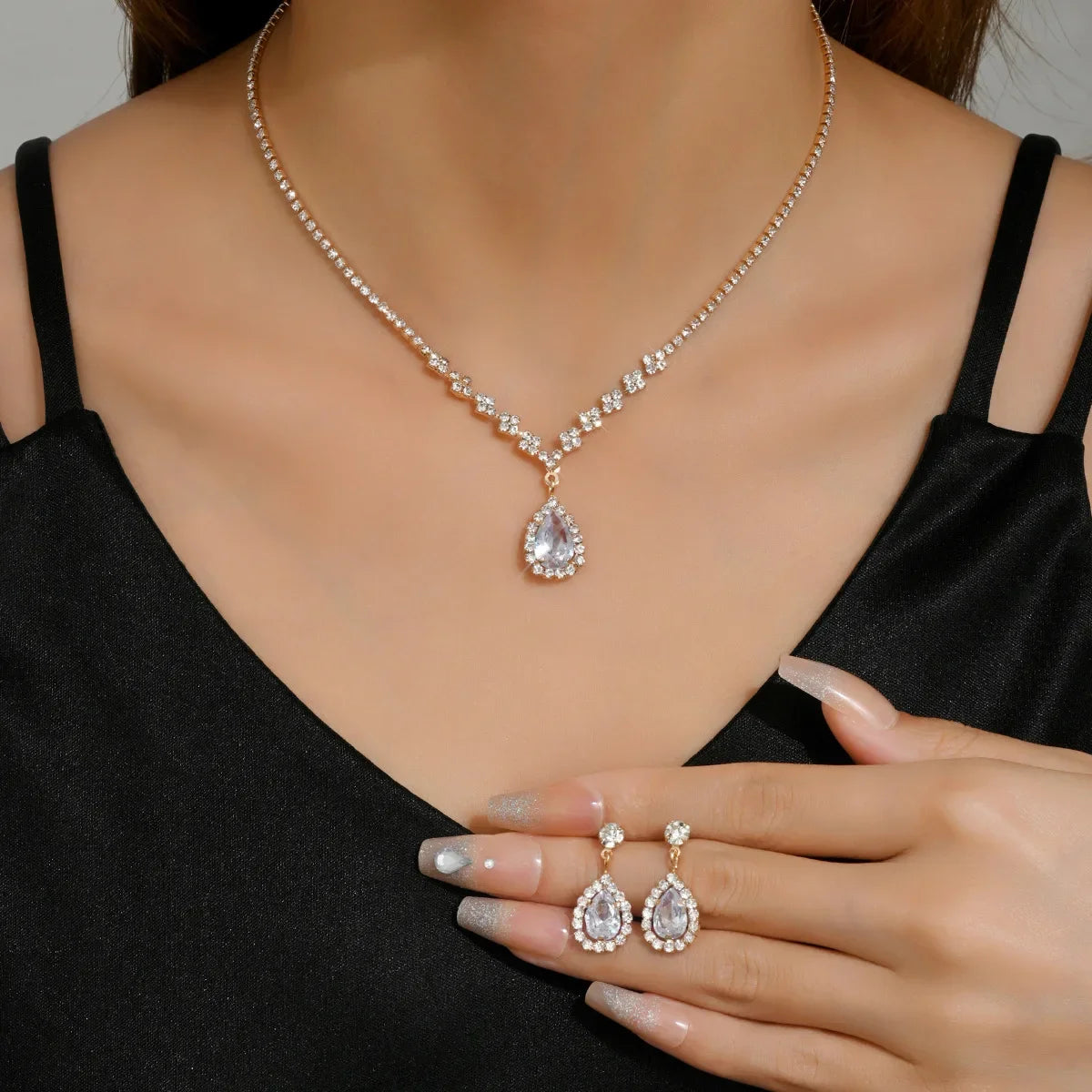 3PC Jewelry Sets Wedding Season Women's Fashion Droplet Necklace and Earring Set Banquet Party Accessories