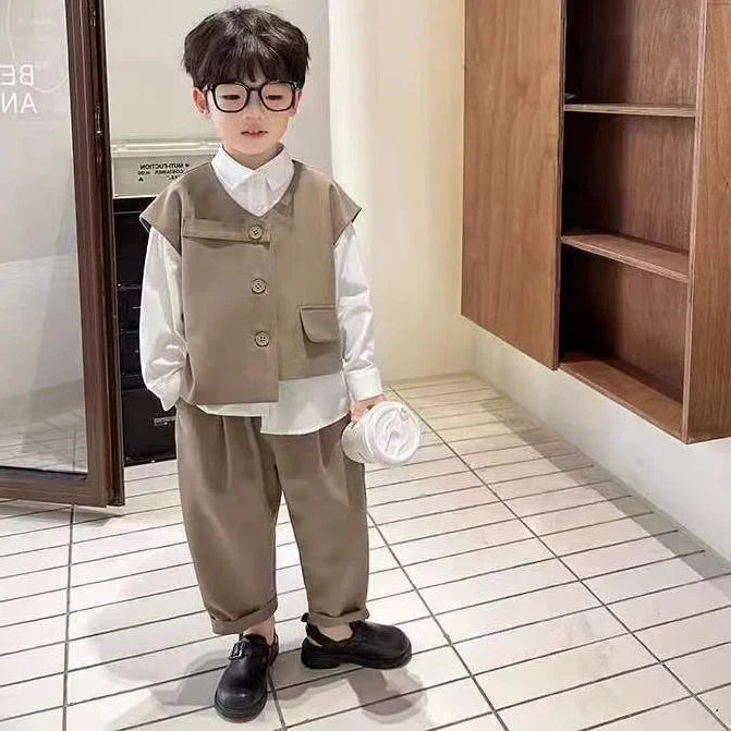 2022 Children Sets Shirts Turn-down Collar Vest Single Breasted Pants Ankle Length Loose Solid Soft Simple Casual Autumn Boys
