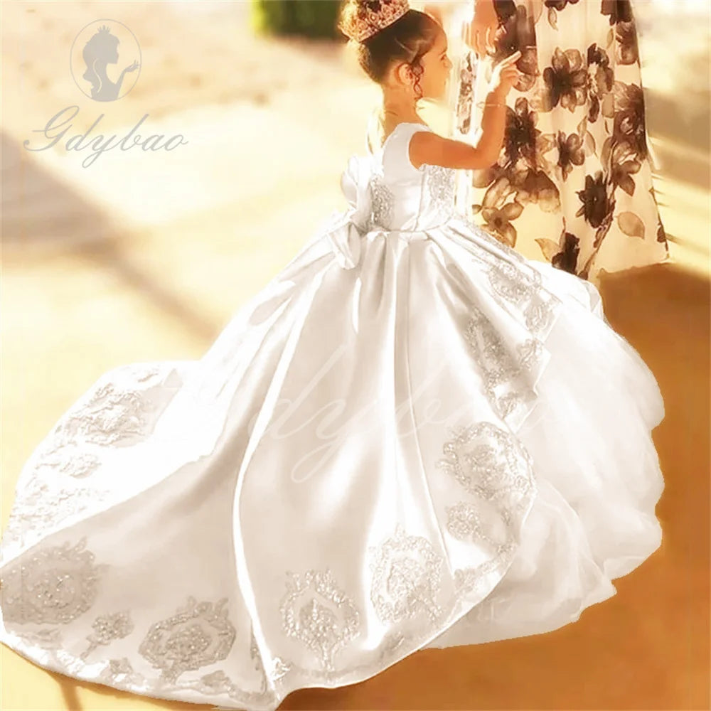 High Quality First Communion Dresses Kids Evening Ball Gown Gold Applique Bow Girls Pageant Dress Satin Tulle Flower Girl Dress