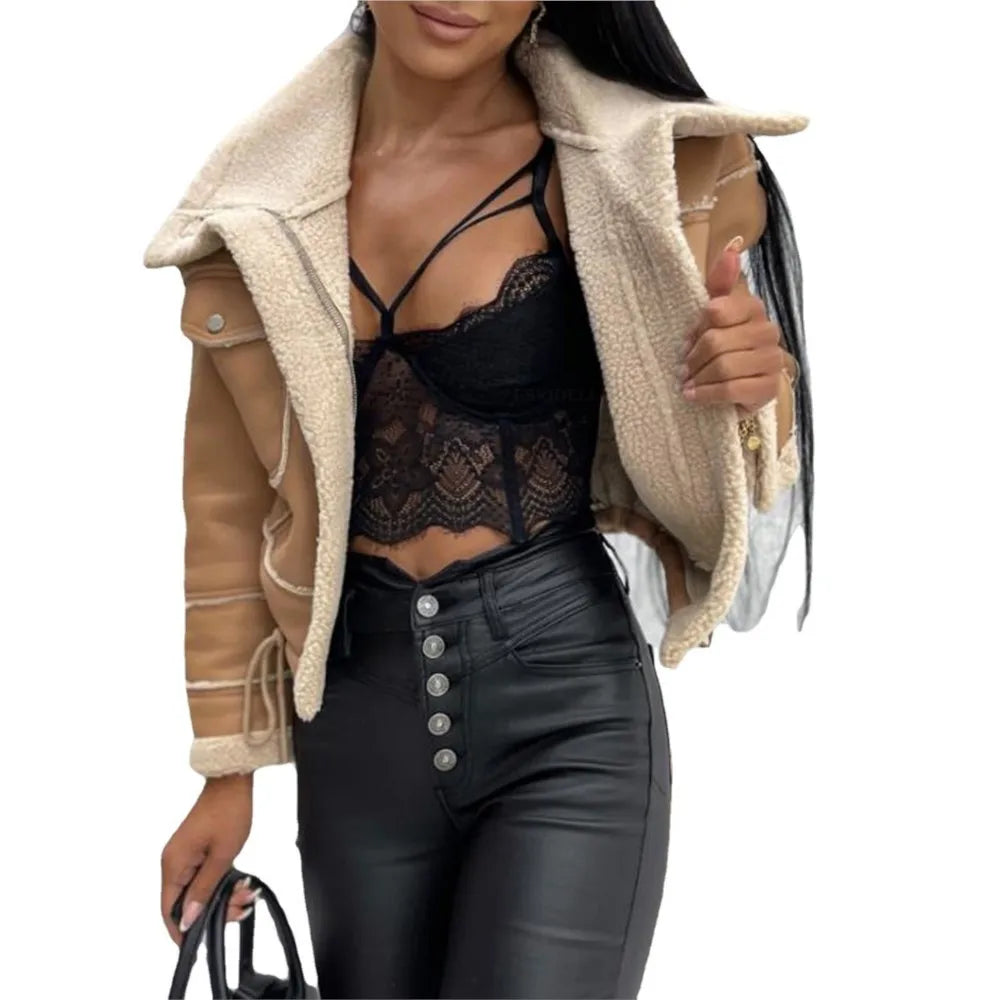 2025 Autumn Winter Women's Jacket New Fashion Lamb Fur Splicing Short Coat Zipper Motorcycle PU Leather Jacket Tops Female