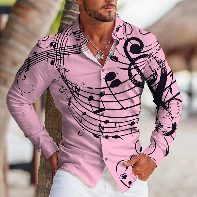 High-End New Men's Shirt Fashion 3D Printed Long Sleeve Shirt Musical Lapel Button Up Men's Cardigan Shirt S-6XL