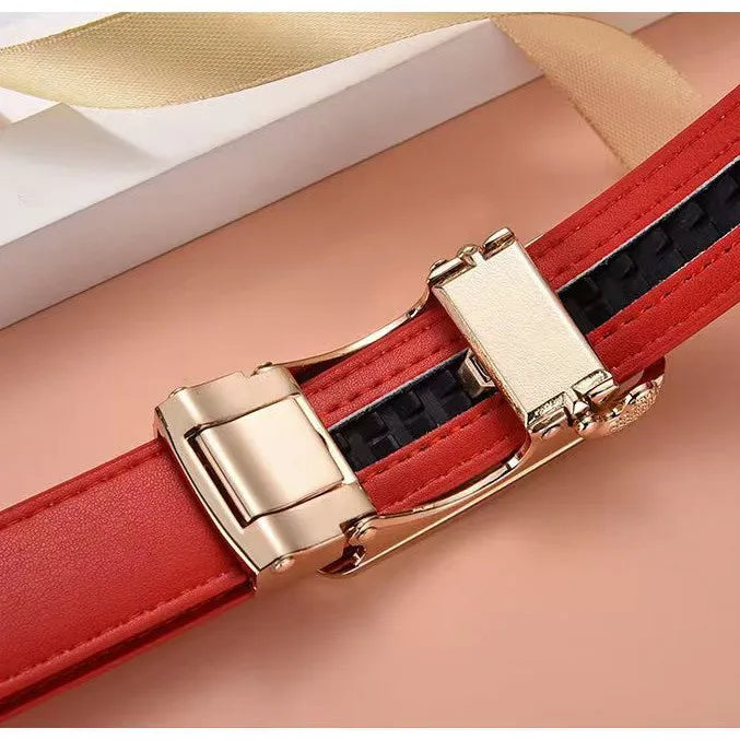 New Women's Genuine Leather Belt with Automatic Buckle: Red, Versatile, Trendy, Z - Letter Buckle, Made of Cowhide