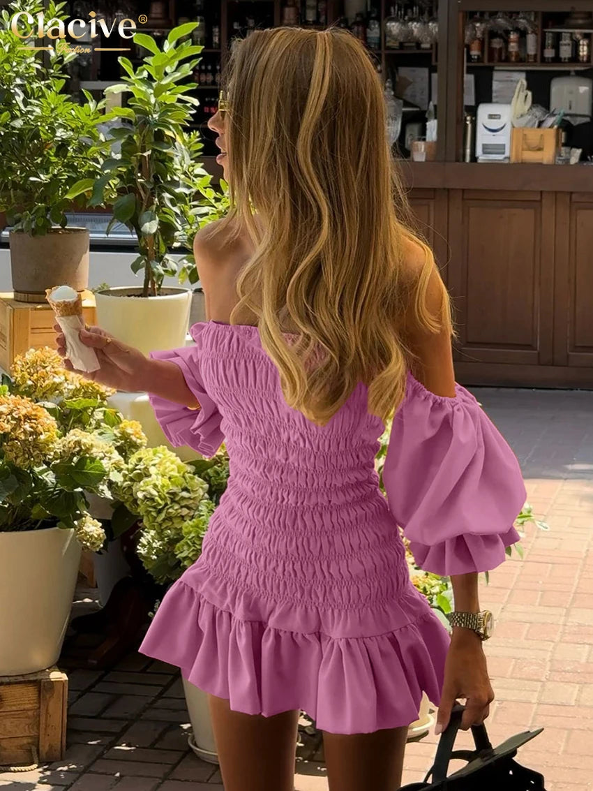 Clacive Bodycon Pink Linen Dress Ladies Sexy Chic Strapless Short Sleeve Mini Dress Elegant Pleated Party Dresses For Women 2025