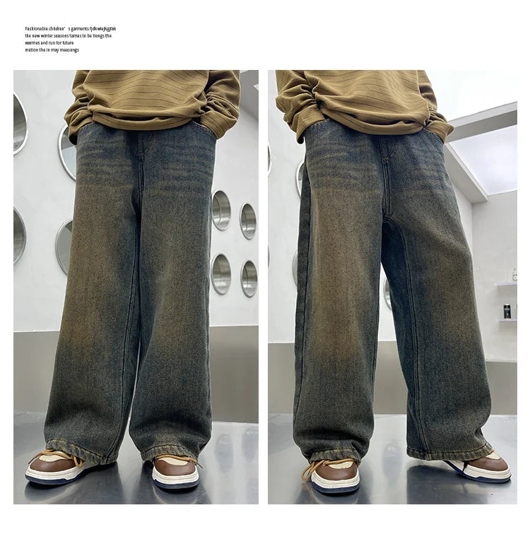 Autumn Winter School Boy Insulate Jeans Denim Pants Streetwear Child Retro Blue Straight Cut High Waist Warm Thermal Trousers