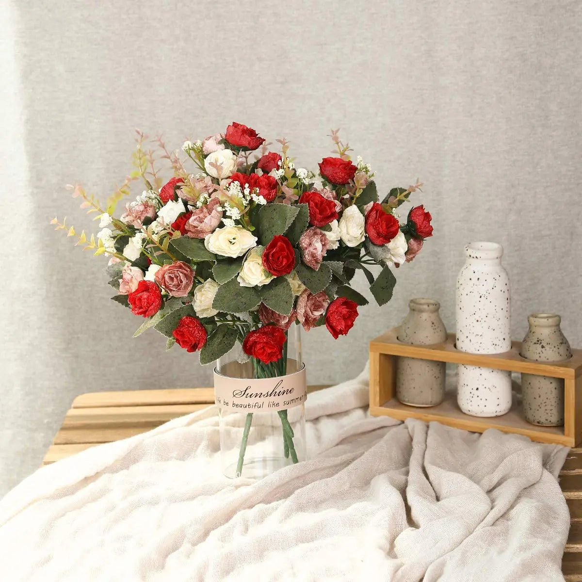 7 Branch 21 Heads Artificial Flowers Bouquet Mini Rose for Bridal Shower Wedding Floral Birthday Party Home Office Decoration