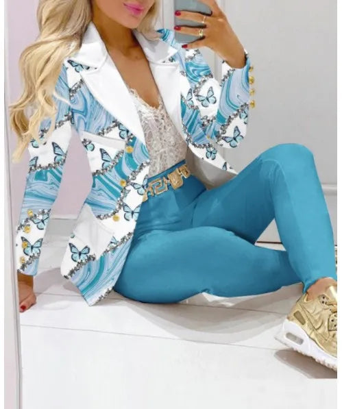 Fashion Butterfly Print Blazer Suit and Pants Two Piece Set for Women 2023 Autumn Winter Outfit Office Lady Casual Clothing