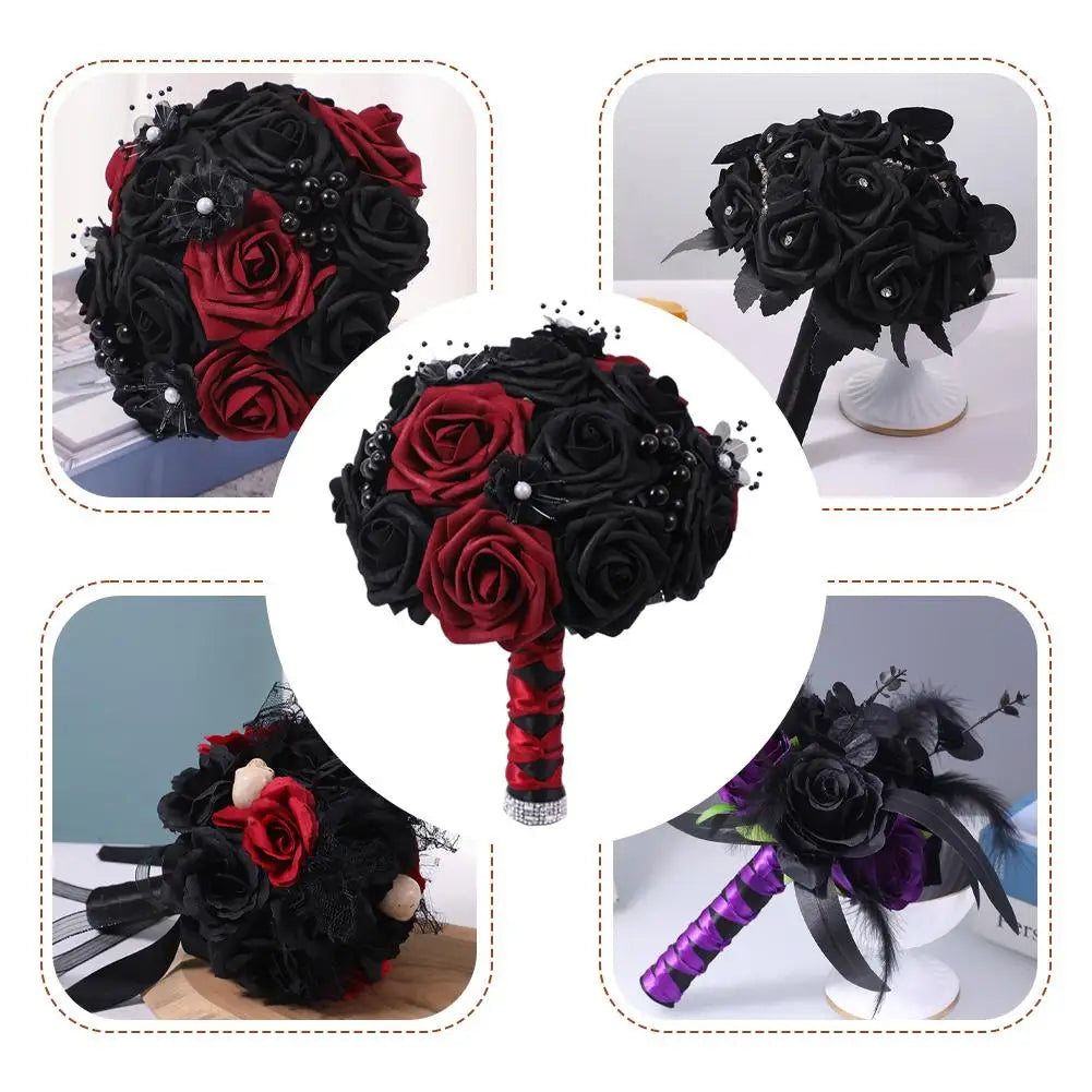 Yannew Black Burgundy Gothic Bridal Bouquets for Bride Bridesmaids Artifiicial Silk Foam Roses Flower Wedding Bouquet Halloween