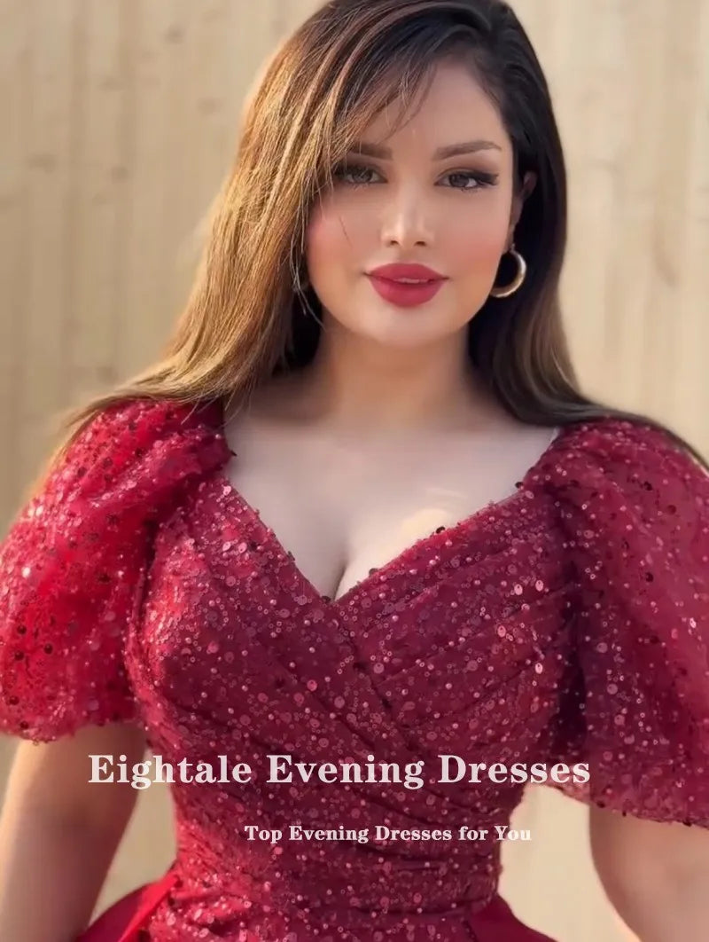 Eightale Violet Evening Dresses V-Neck Short Sleeves Robes De Soirée Sequined Customized Mermaid Prom Gown Wedding Party Dress