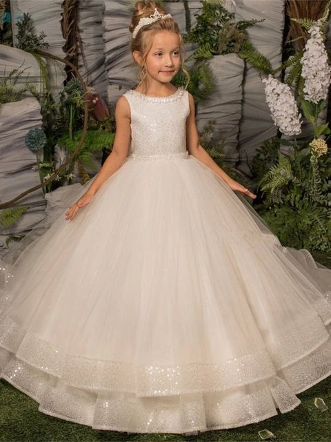Princess Lace Appliques Ball Gowns Flower Girl Dress Pageant Gowns For Weddings First Communion Dresses For Girls