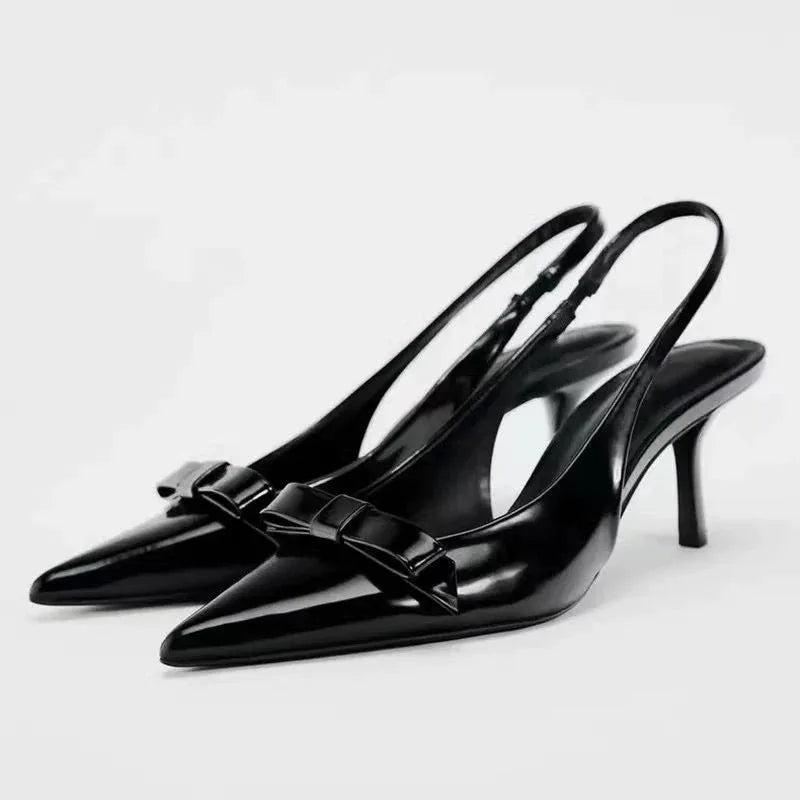 Modern Office Shoes for Women White Black Wedding Slingback Pointed Toe Butterfly Decoration Female High Heeled Sandals
