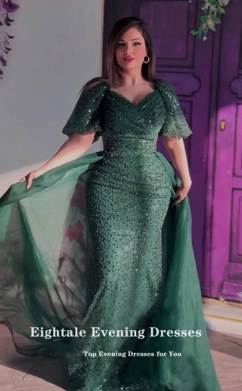 Eightale Violet Evening Dresses V-Neck Short Sleeves Robes De Soirée Sequined Customized Mermaid Prom Gown Wedding Party Dress