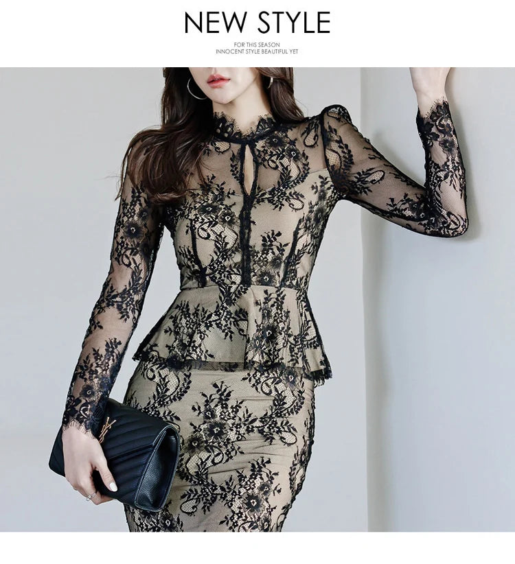 Spring Professional Woman Lace 2 Pieces Set Simple Tops + Vintage High Waist Mermaid Skirt Korean Skirts Suits