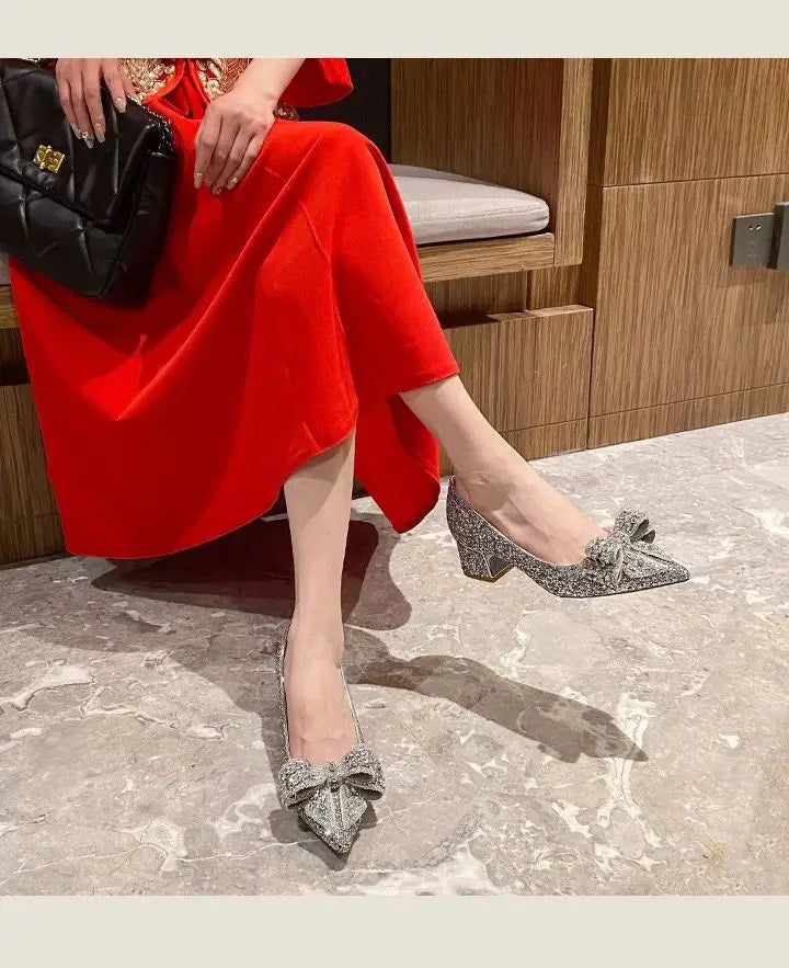 Women's Summer Footwear Stilito Rhinestone Shoes for Woman 2024 with Wedding Bride Genuine Mark Chic and Elegant A Comfortable E