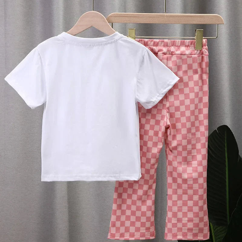 Girl's Sports Suit Summer Children Short-sleeved Sets 2025 New Kids T-shirt+Flare Pants 2Pcs Outfits 2-10Y Girl Cartoon Clothing