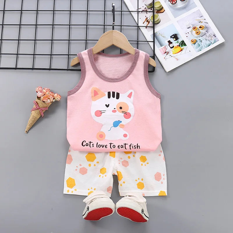 2025 New Summer Children Clothing Set Boys Girls Sleeveless Shorts Children's Suspenders Baby Vest set Kids Clothes
