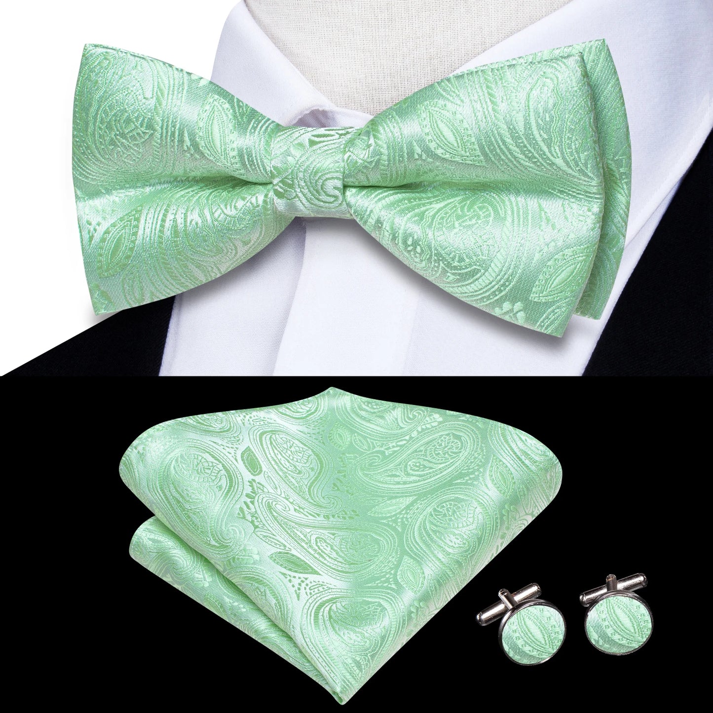 Hi-Tie Pink Dot Silk Mens Pre-tied Bow Tie Hanky Cufflink Set Dusty Pink Butterfly Knot Bowtie for Male Wedding Business