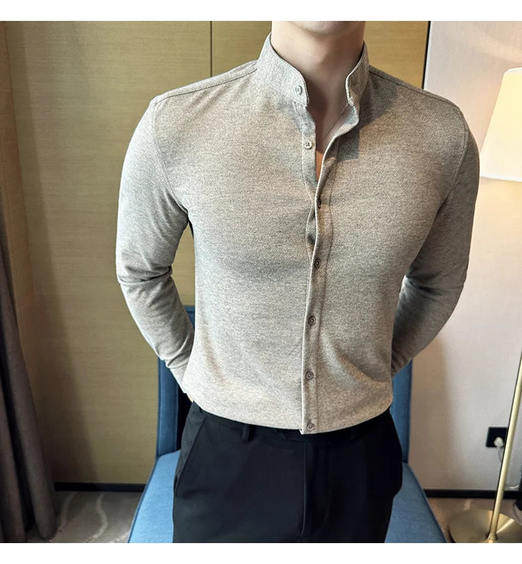 Winter Men Woolen Shirt with British Style Solid Casual Stand Up Collar Thick Warm Wool Formal Dress Shirt Fashion Men Clothing