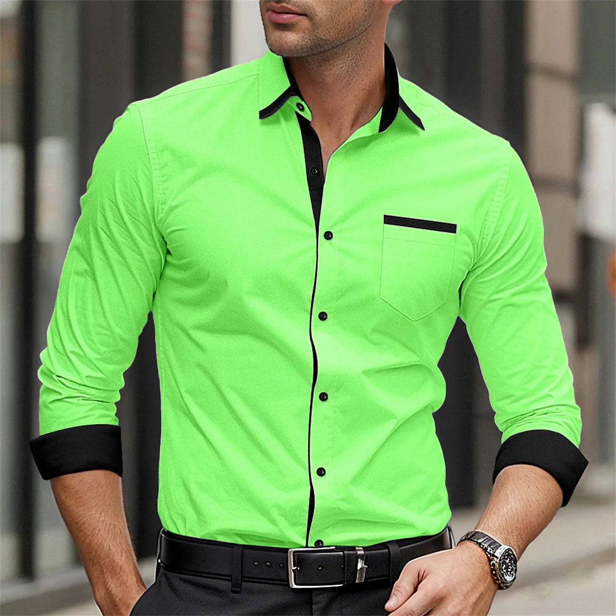Men's formal shirt solid color splicing business casual printed shirt for spring and summer daily wear pocket comfortable shirt