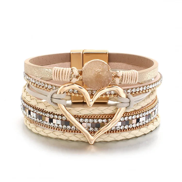 WYBU Love Heart Charm Leather Bracelets For Women Fashion Braided Bangles Multilayer Resin Stone Hollow Leather Wrap Bracelets