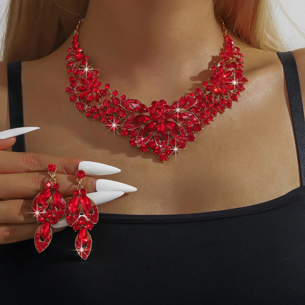 Wedding Bride Necklace Earrings Set Luxurious Simple Flower Rhinestone Clavicle Chain Necklace Eardrop Party Banquet Accessories