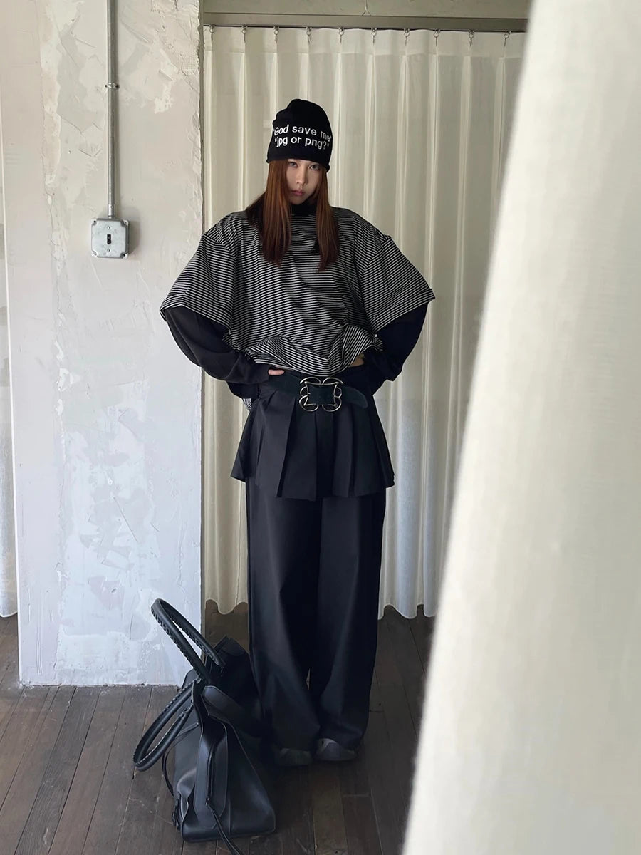 REDDACHiC Women's Pleated Skirt Overlay Suit Pants Work Casual Loose Cleanfit Black Plain Wide Leg Long Trousers Formal Clothes