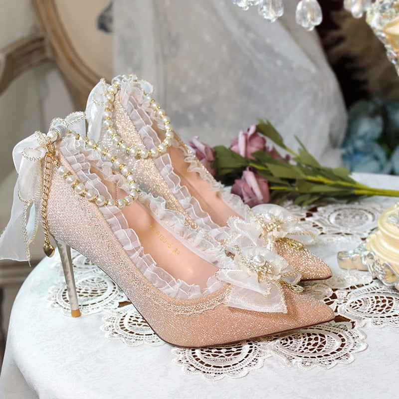 Lolita High Heels One Night Story Lolita Shoes Shiny Pointed High Heels Flower Wedding Ceremony 18 Year Old Slim Heels
