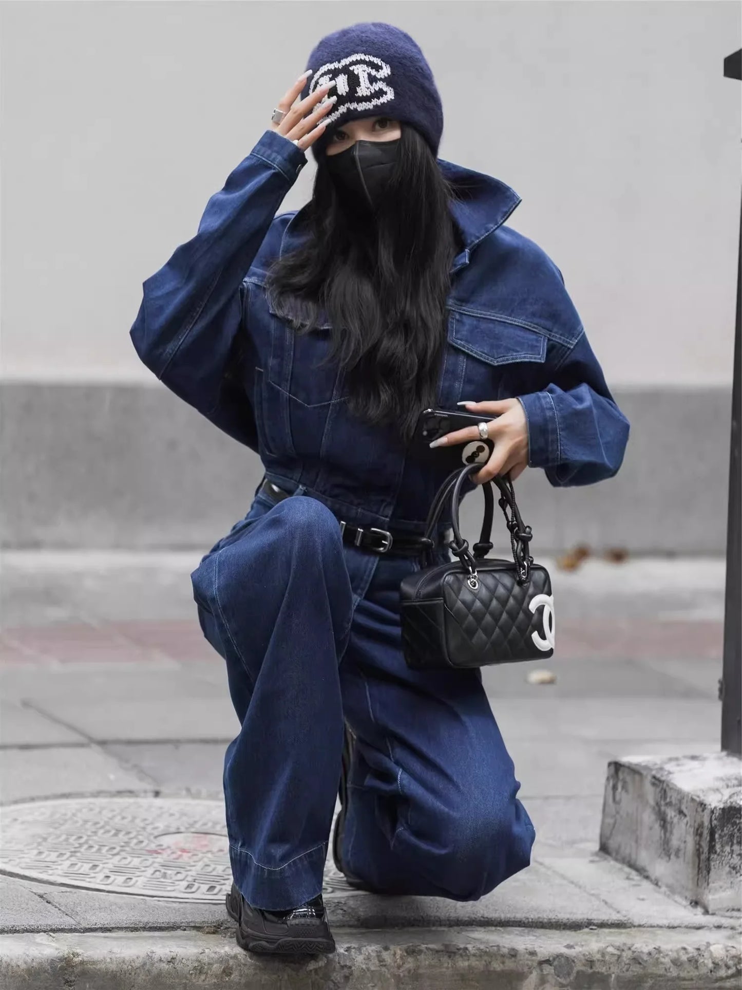 Blue Design Denim Jumpsuit Women'S Spring And Autumn Collar Fashionable Workwear Large Pocket Loose Pants