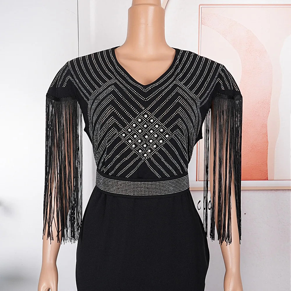 Elegant African Dresses New Trends Luxury Diamond Tassel V Neck Sheath Mid Calf Modest Female Business Work Wear Gowns Clothes