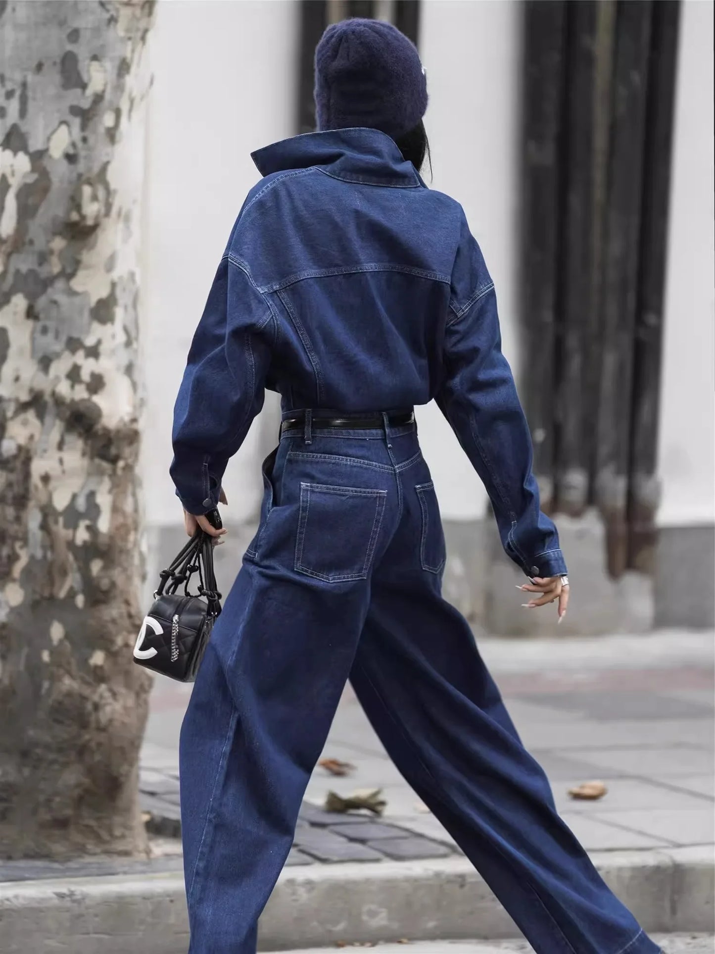 Blue Design Denim Jumpsuit Women'S Spring And Autumn Collar Fashionable Workwear Large Pocket Loose Pants