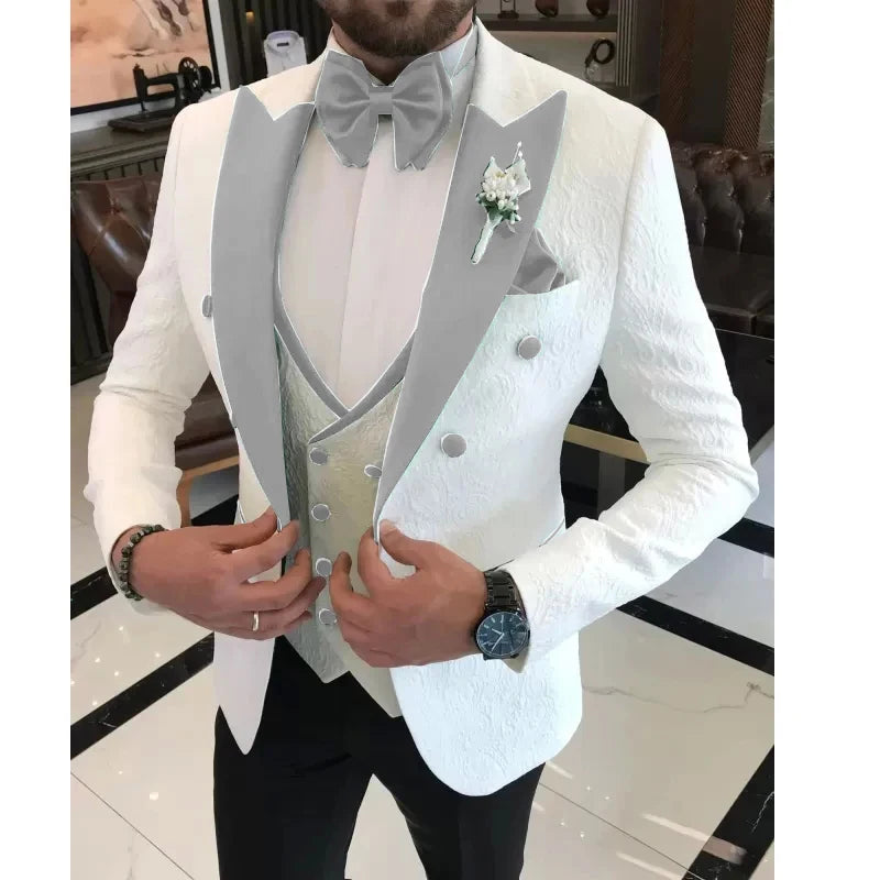 Men Wedding Suits 2024 Formal White Jacquard Men Suit Set Slim Fit Groom Tuxedos Groomsman Blazer Suits For Men 3 Piece