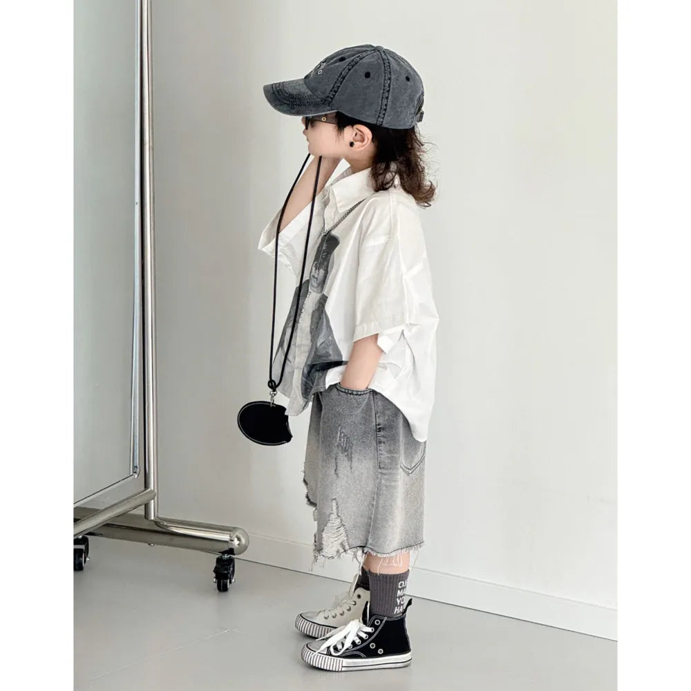 Boys' Sets Button Shirts Denim Shorts Two-piece Summer Suits 2025 New Korean Handsome Children's Street Hole Jeans Suits