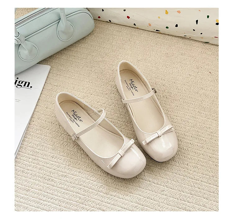 Spring Autumn Wine Red Mary Jane Shoes For Women Low Heel Fashion Butterfly-knot Roud Toe Female Eelgant Dress Leather Shoes
