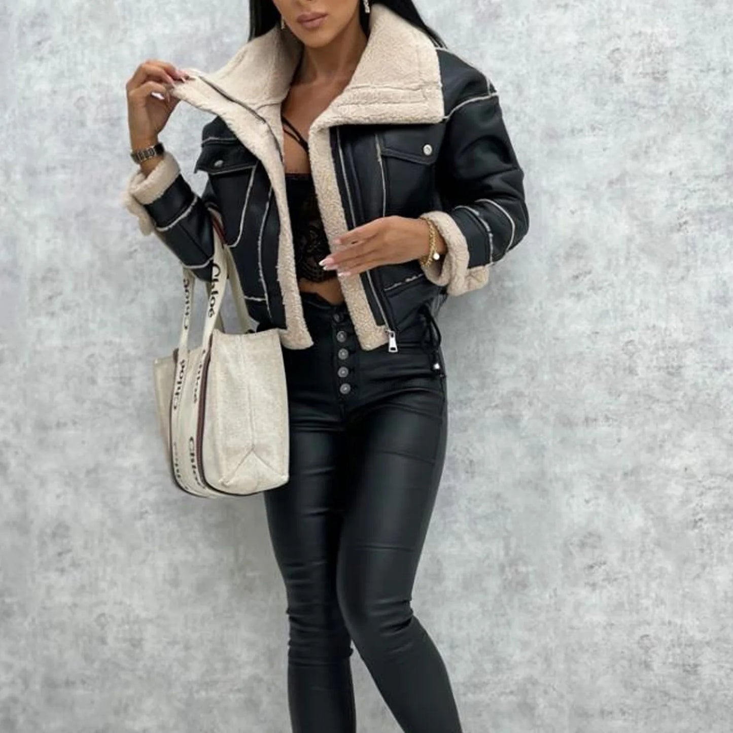 2025 Autumn Winter Women's Jacket New Fashion Lamb Fur Splicing Short Coat Zipper Motorcycle PU Leather Jacket Tops Female