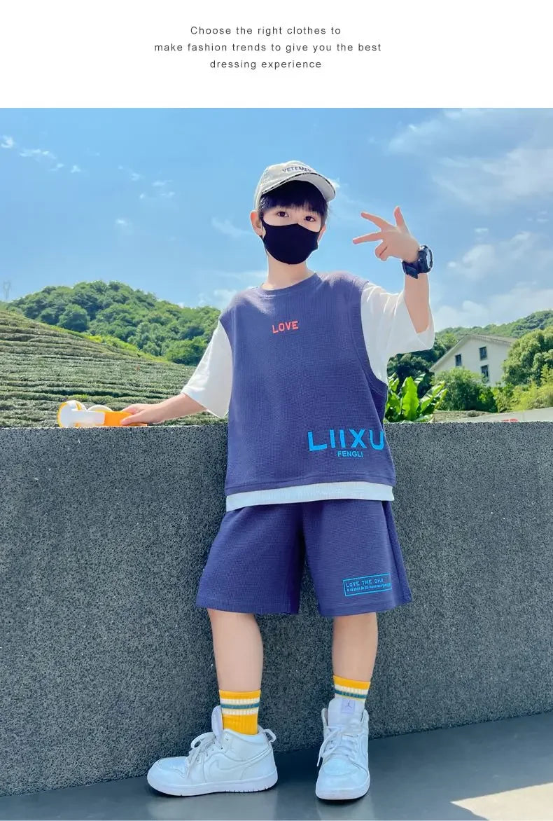 Junior Boys Summer Suit Children's Fashion Patchwork Short Sleeve Shorts Sports Suit Clothing 3-14Y Trend