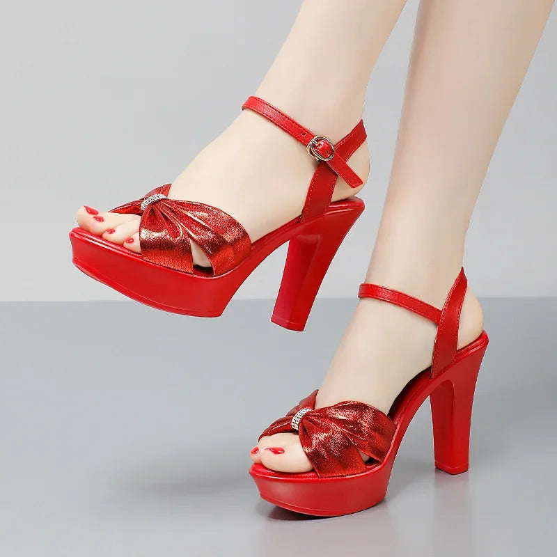 Plus Size 32-43 Elegant Silver Red Wedding Shoes Women Platform Sandals Summer 2025 Block High Heels Leather Sandals Model