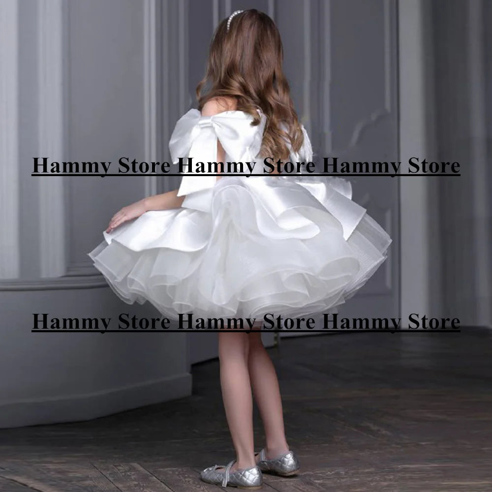 Dusty PinK Flower Girl Dress Customized Scoop Neck Off The Shoulder Big Bow Puff Cute Birthday Party Dresses Communion Gown