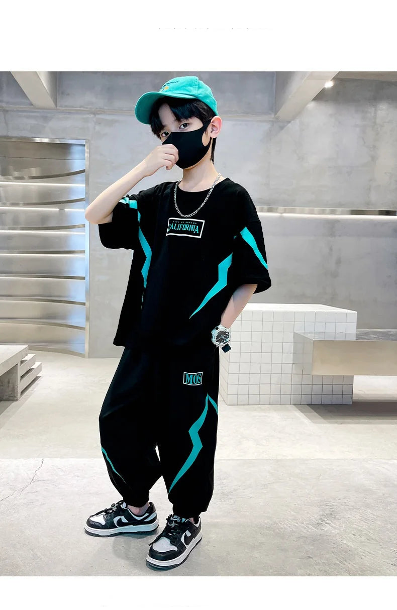 Summer Boys Cotton Alphabet Lightning T-Shirt Tops+Sweatpant School Kids 2PCS Tracksuit Child Jogger Outfit Workout Set 5-14 Yr