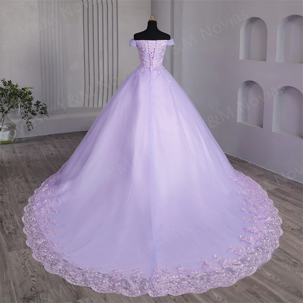 Customized Color Sweet 16 Dress Pink Off Shoulder Plus Size Vestido De Noiva Purple Quinceanera Dress Ball Gown Flower Women