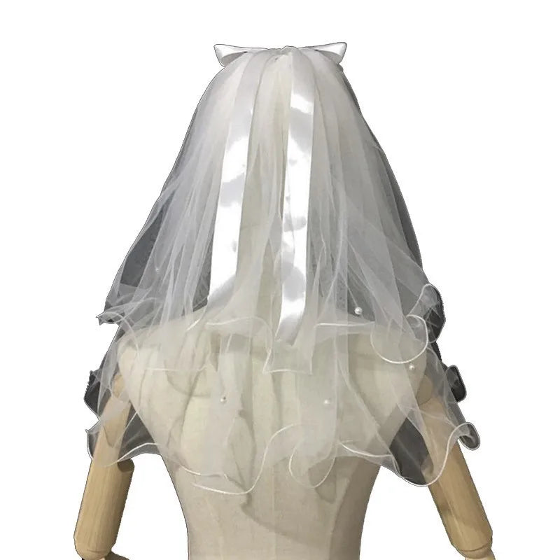 Short Wedding Veil With Comb Bow Pearls 2 Layers Simple Bridal Mariage Accessories 2024