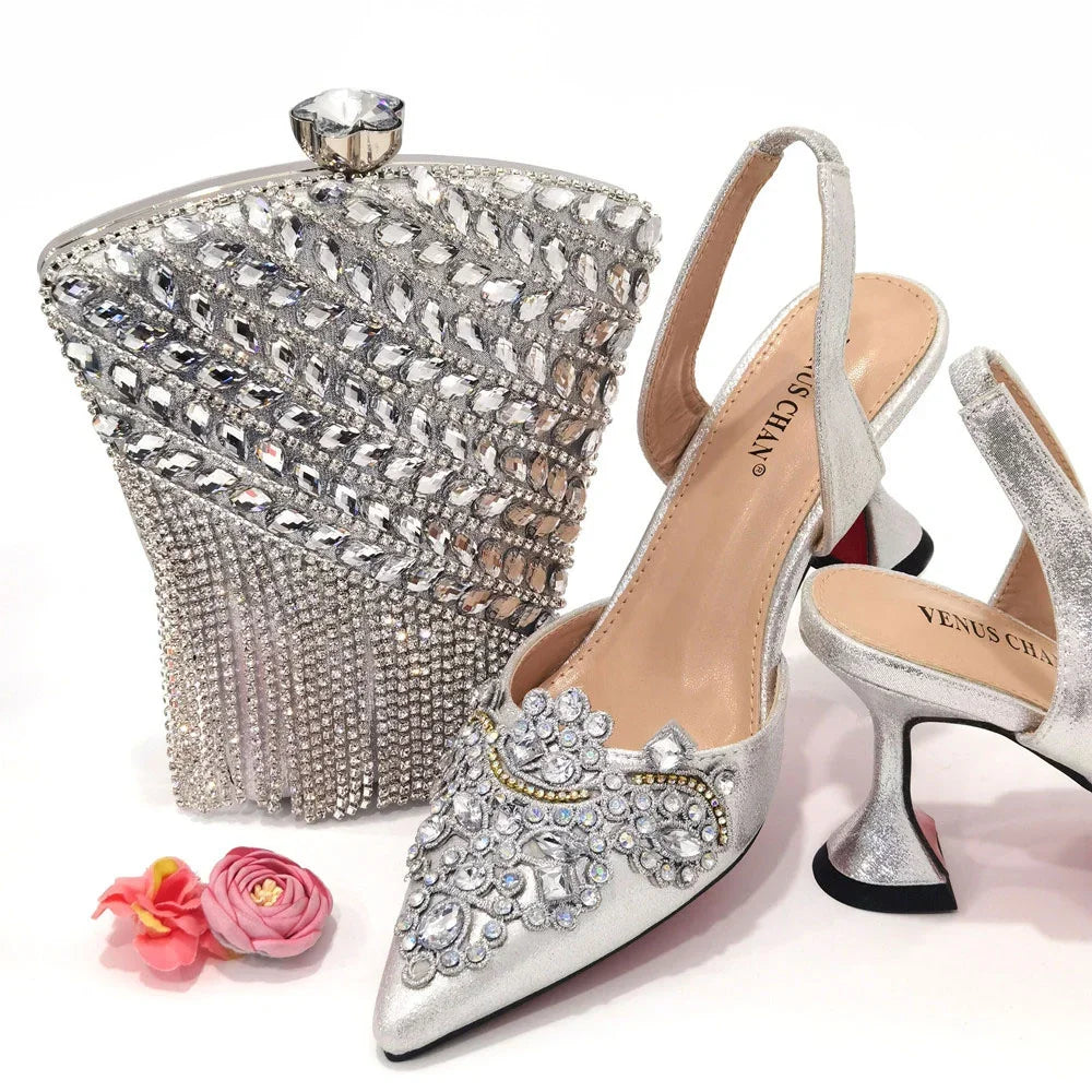 2024 Gold New Shoes For Women Designer Pointed-Toe Luxury Wedding Peach Color Hollowed Out Design Bag and Shoes Matching Set
