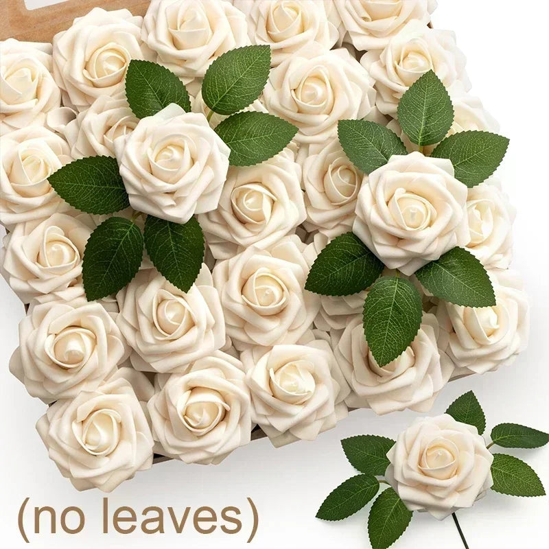 5-50Pcs Artificial Roses Flowers Foam Fake Rose Heads With Stems For DIY Wedding Bouquets Home Party Tables Decorations Supplies