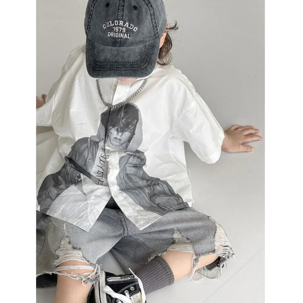 Boys' Sets Button Shirts Denim Shorts Two-piece Summer Suits 2025 New Korean Handsome Children's Street Hole Jeans Suits
