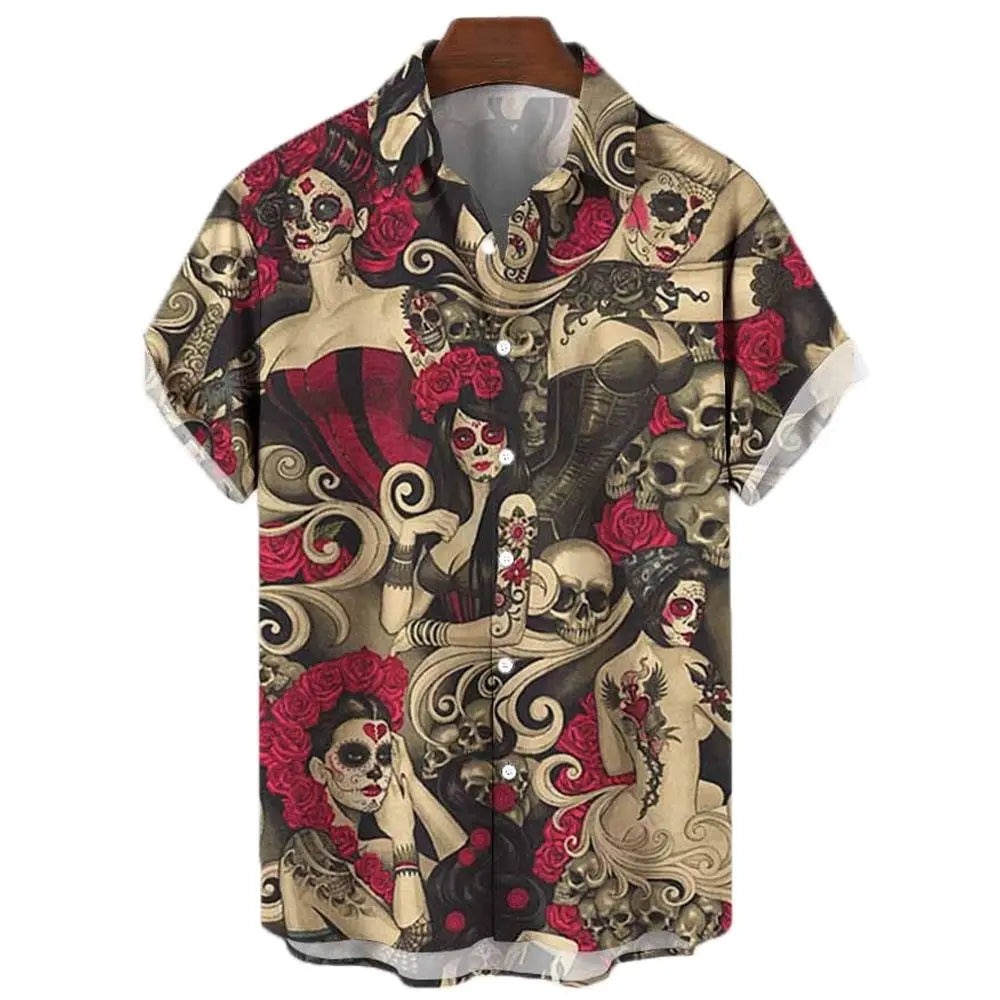 Japanese Men's Shirts Koi Print Hawaiian Buttons Beach Aloha Tops New 2024
