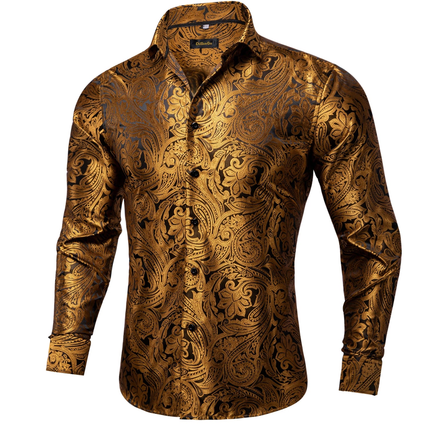 DiBanGu Silk Polyester Dress Shirts for Men Black Solid Paisley Red Silver Long Sleeve Turn Down Collar Prom Social Men's Shirt