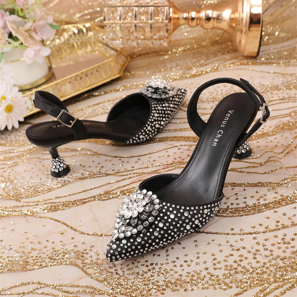 Luxury Elegant High Heels Royal Blue Color Diamond Embellished Pointed Toe Women's Shoes for Wedding Party Casual 2025 Style