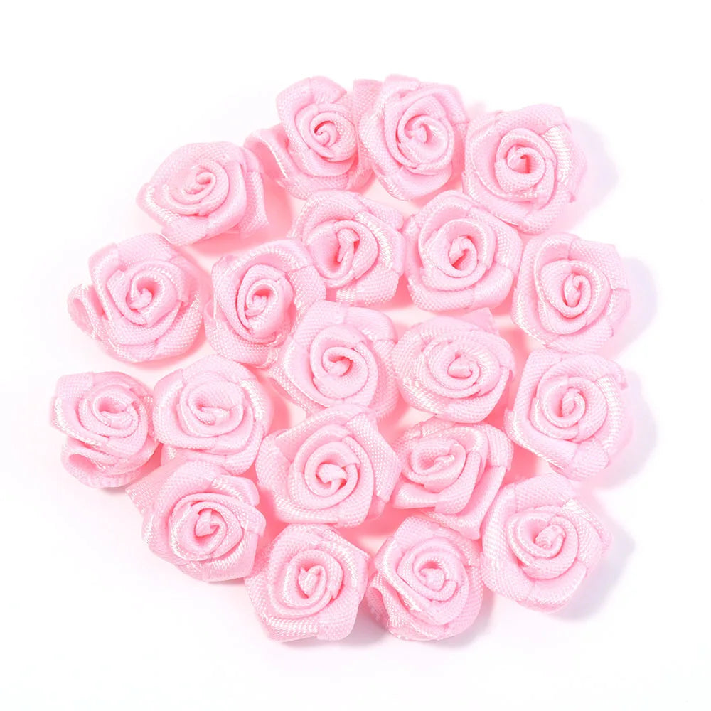 20Pcs/Lot Mini Handmade Rose Flower Satin Ribbon Rosettes Fabric Appliques For Wedding Decoration Craft Sewing Accessories