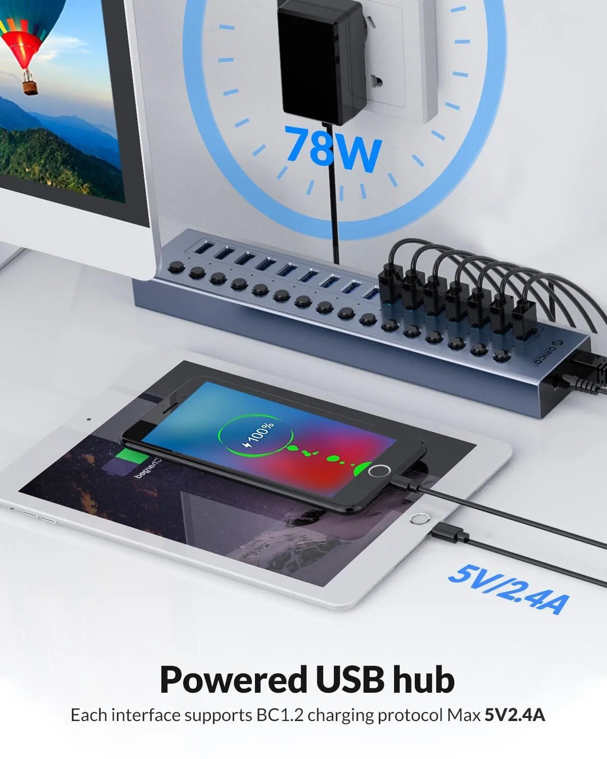ORICO Aluminum Powered USB3.0 HUB 7/10 Ports USB Extension with Switches 12V Power Adapter Support BC1.2 Charging Splitter