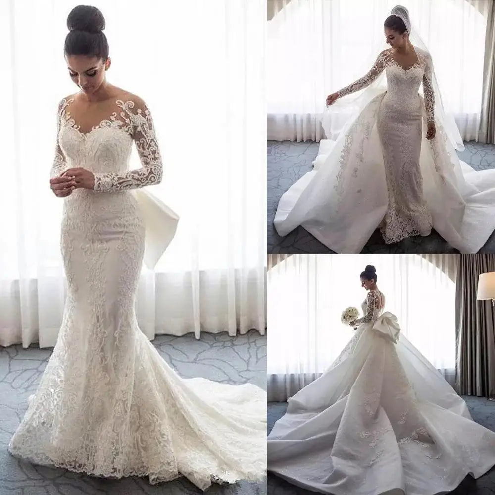 2023 2 Pieces Luxury Mermaid Wedding Dresses Detachable Train Elegant Long Sleev White Bridal Dress Boho Robe De Mariee Sukienki