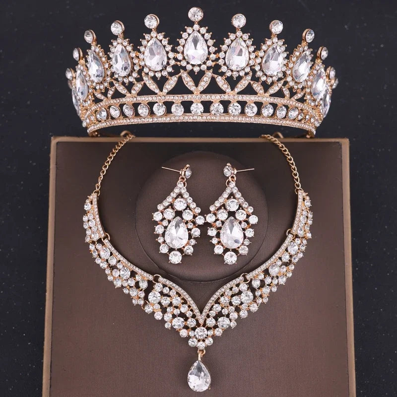 3Pcs Crystal Crown Necklace Earring Set Baroque Rhinestone Bridal Jewelry Set Bridal Wedding Hair Accessories Jewelry Crown Gift