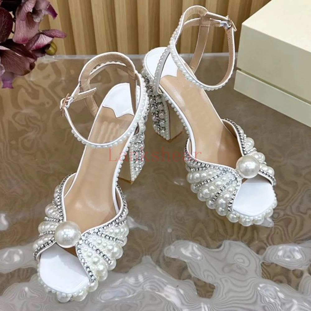 Pearl Crystal Platform Sandals Sexy Square Teoe Thick Heel Anke Strap New Arrivasl Fashion Women Modern Runway Shoes
